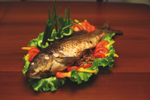 Traditional Russian Meal Baked Carp stuffed with Buckwheat