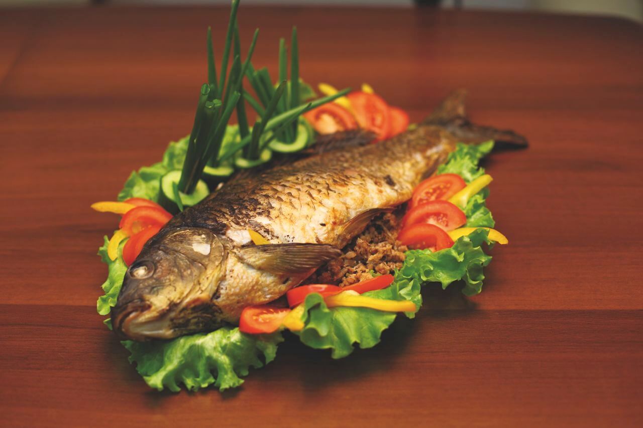 Traditional Russian Meal Baked Carp stuffed with Buckwheat