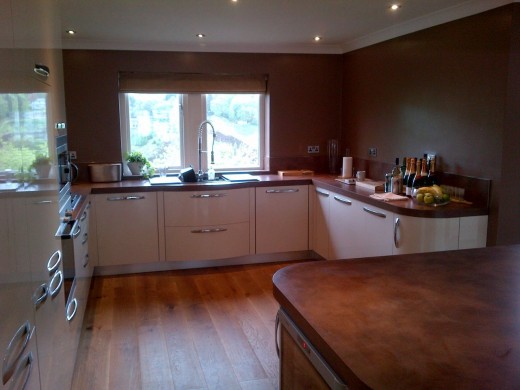 Dishwasher to the left of the sink, magic corner to the right with built under integrated fridge and freezer side by side on the right hand wall