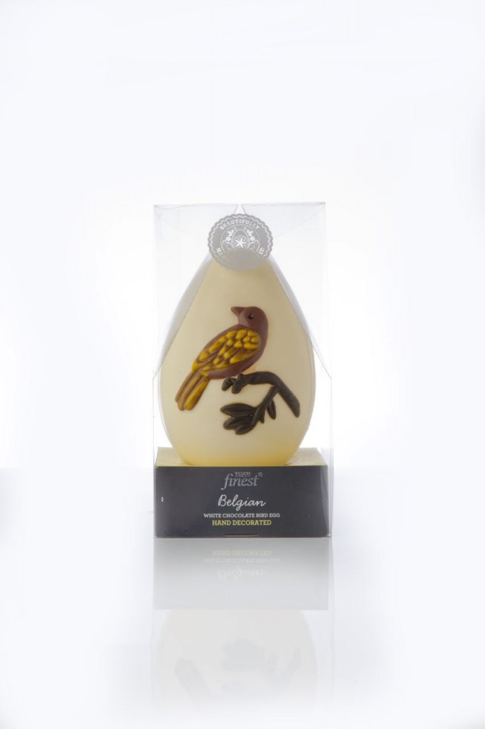Hand decorated white chocolate egg with pretty bird motif, £5, Tesco.