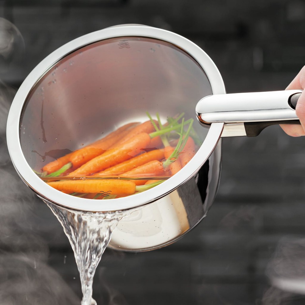 These saucepans by Stellar can be drained easily, without danger of tilted lids spinning out of control