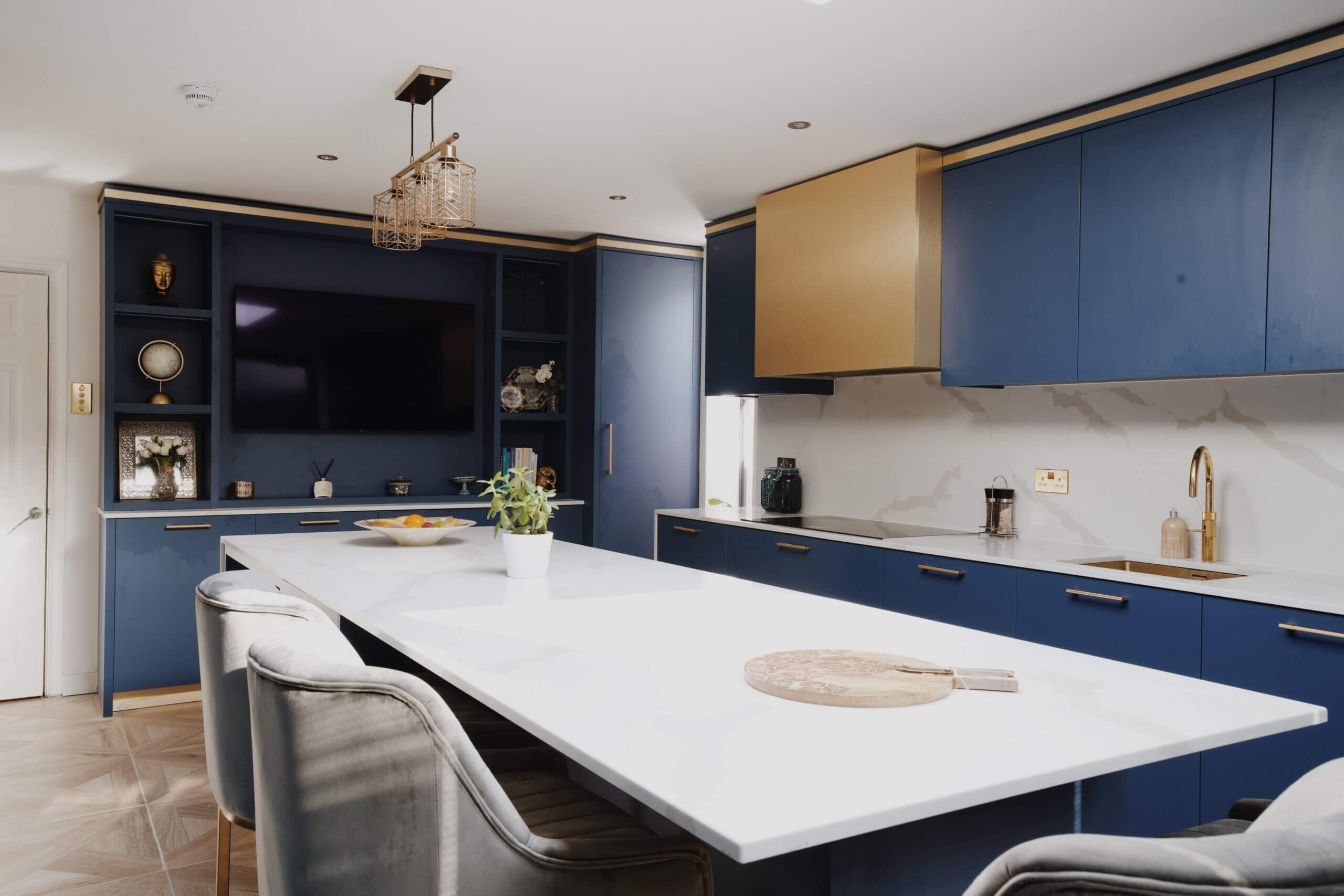Blue and gold kitchen by The Wood Works - The Kitchen Think